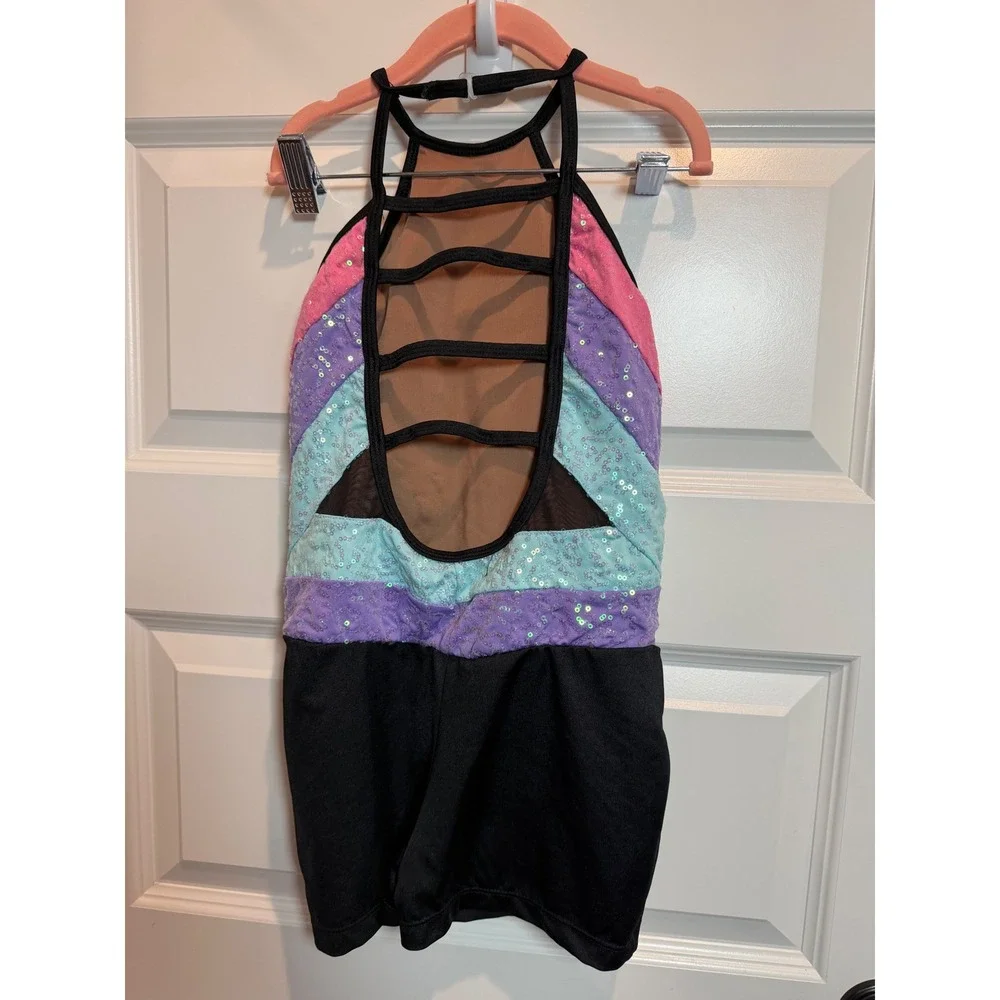Revolution Dancewear Kids Sequin Chevron Halter Biketard Black Multi RC23983 LC